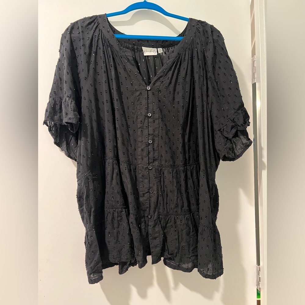 Wonderly Black Flutter Sleeve Blouse with Mandarin Collar